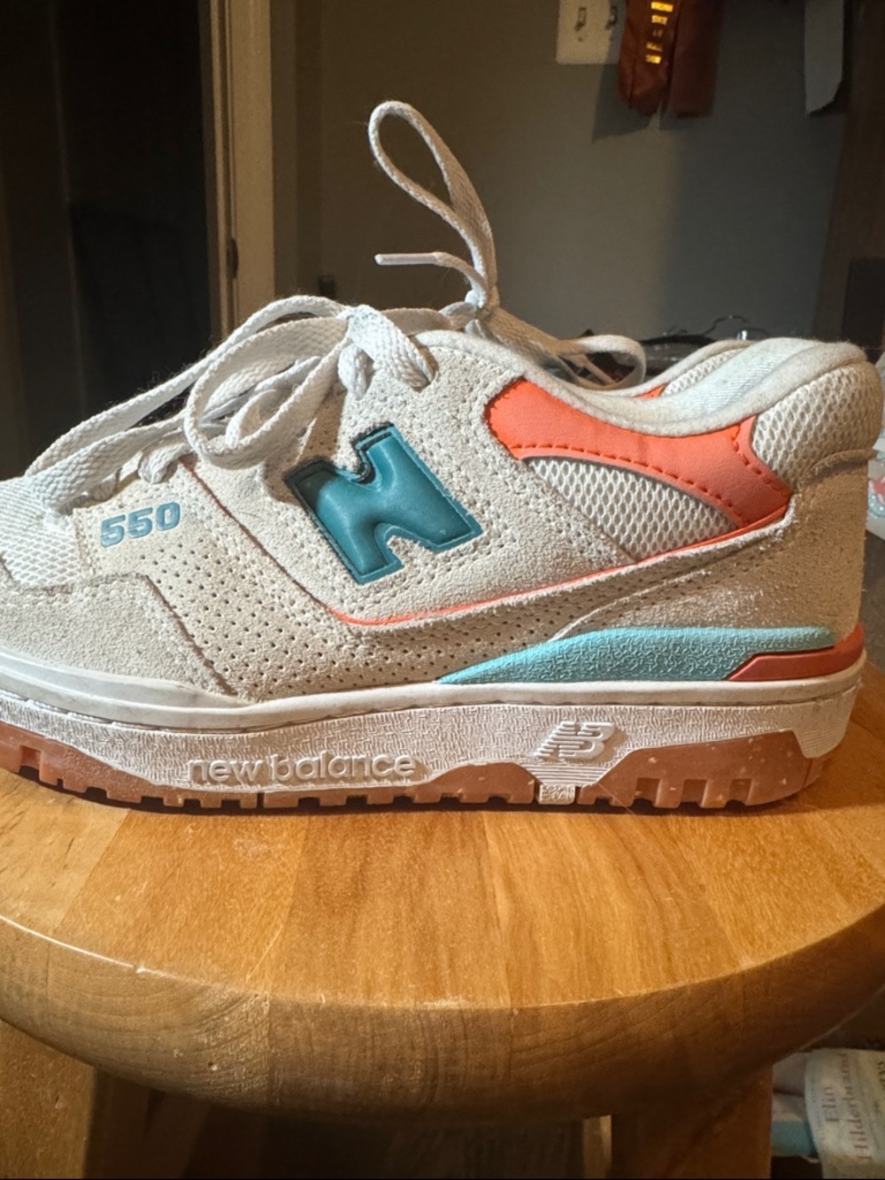 New Balance 550 Low-Top Sneakers in White with Teal & Coral Accents